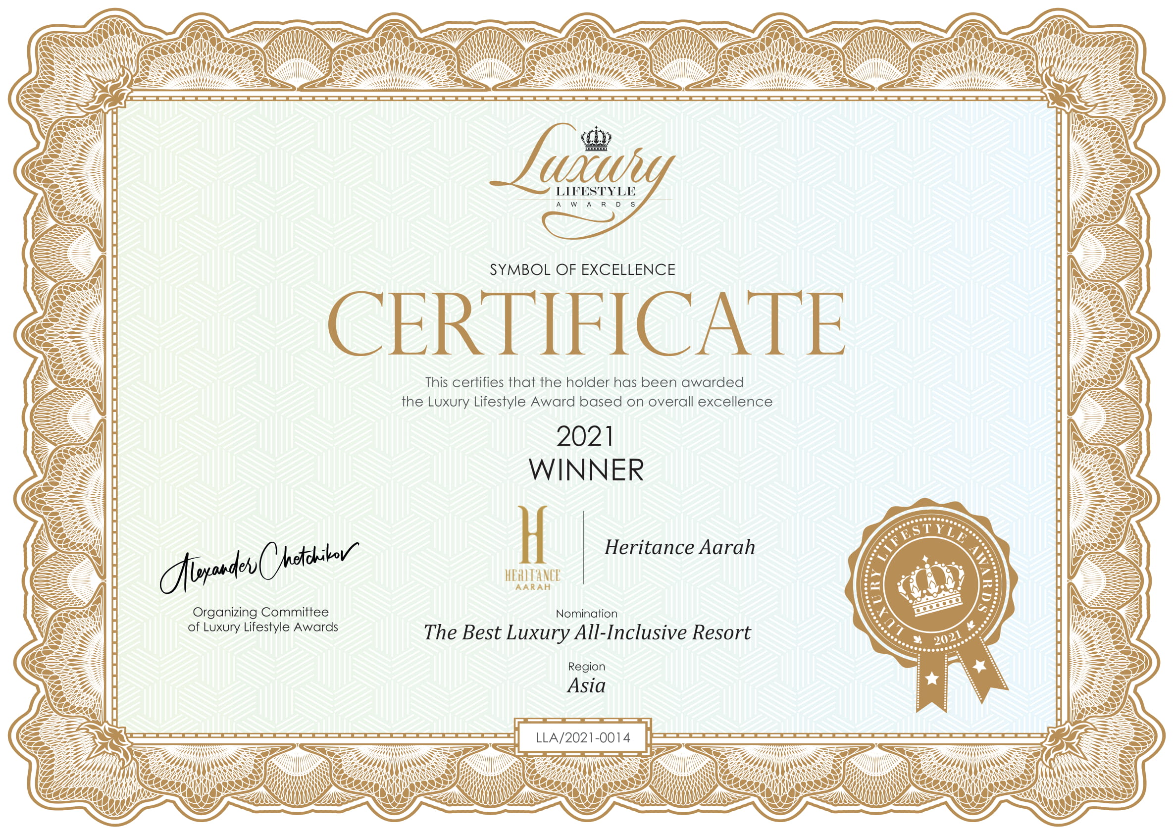 Luxury Lifestyle Award Winner Certificate Of Heritance Aarah Maldives 