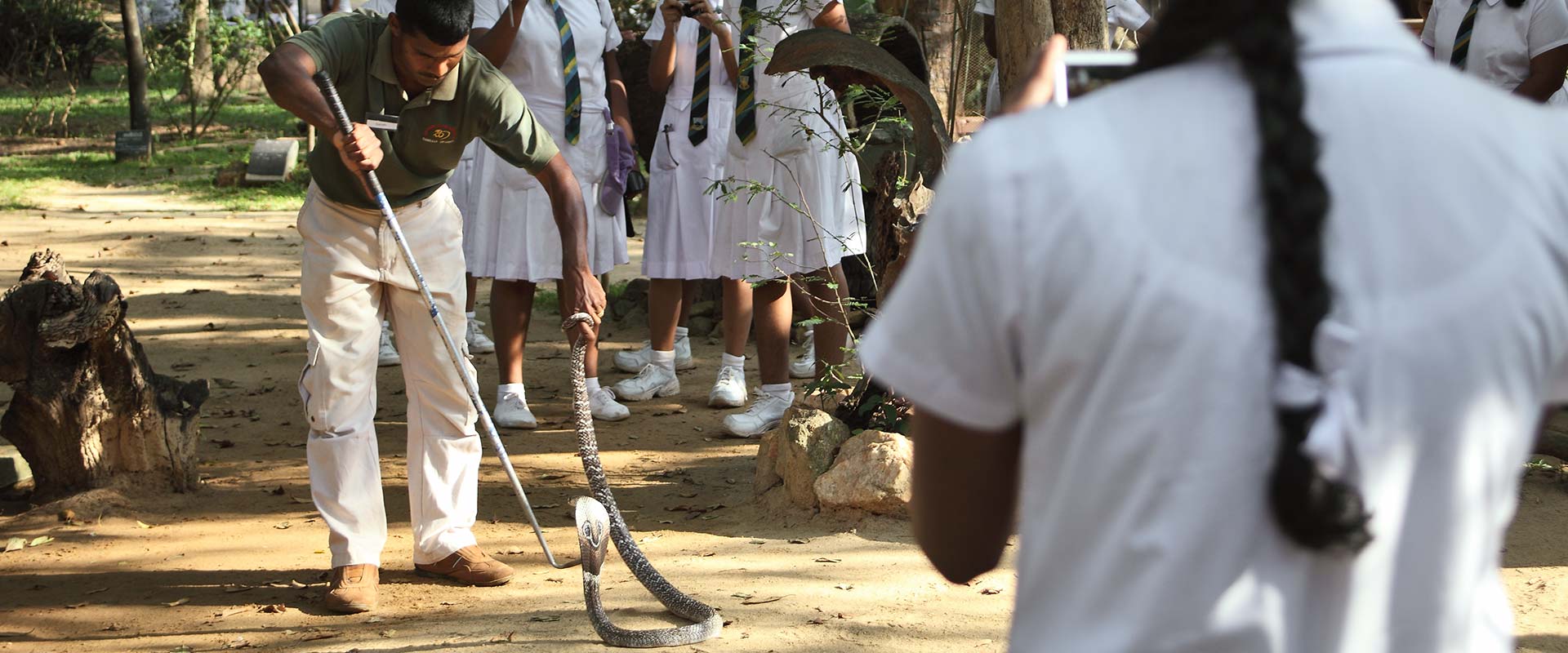 School children watch a snake catch at Heritance Kandalama Eco Park