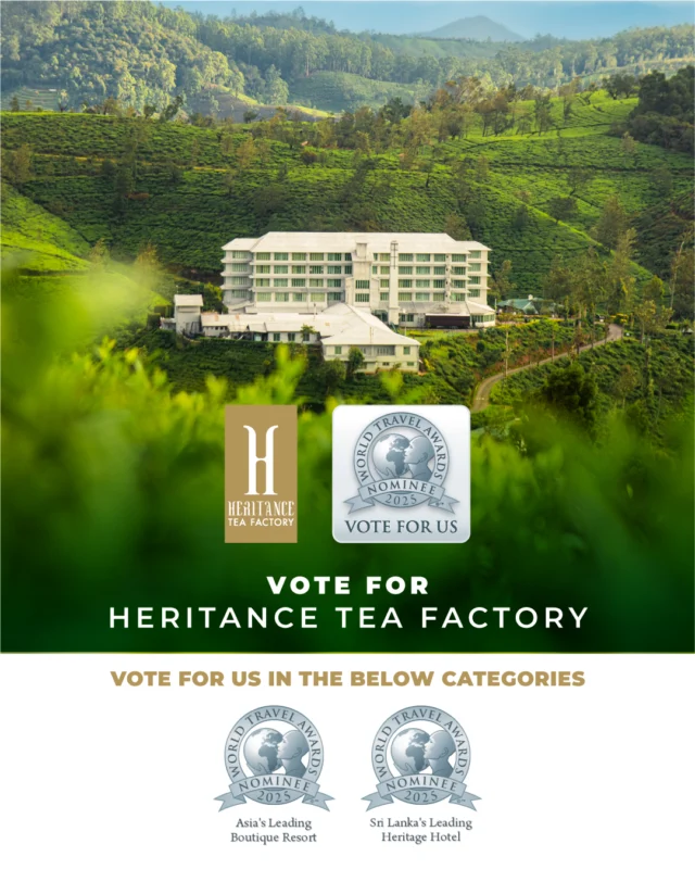Vote for Heritance Tea Factory in the World Travel Awards! We have been nominated in 'Asia's Leading Boutique Resort' and 'Sri Lanka's Leading Heritage Hotel'.

How to vote:
1.	First register
2.	Go to your email inbox for the verification message. Click ‘verify your email’.
3.	Select the nominated region (i.e. Asia)
4.	Select the nominated category
5.	Click and vote for Heritance Tea Factory

Vote now (link in bio)

#HeritanceTeaFactory #HeritanceHotelsAndResorts #WorldTravelAwards #SriLankaHotels